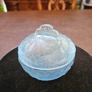 Vintage 1920's Czechoslovakia Frosted blue Glass Powder Jar Signed Irice